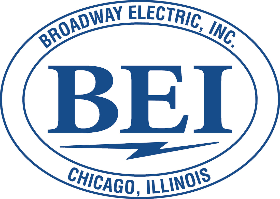 Blue and white logo reading 'Broadway Electric, Inc.' on top, 'Chicago, Illinois' on the bottom, and BEI in the middle.